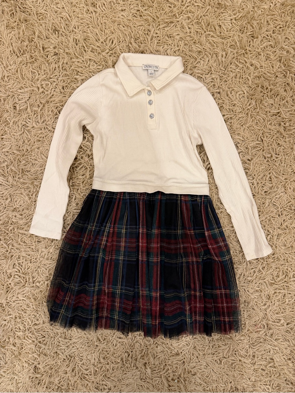 J.Crew Cream Long-Sleeve Polo Top with Navy and Red Plaid Skirt